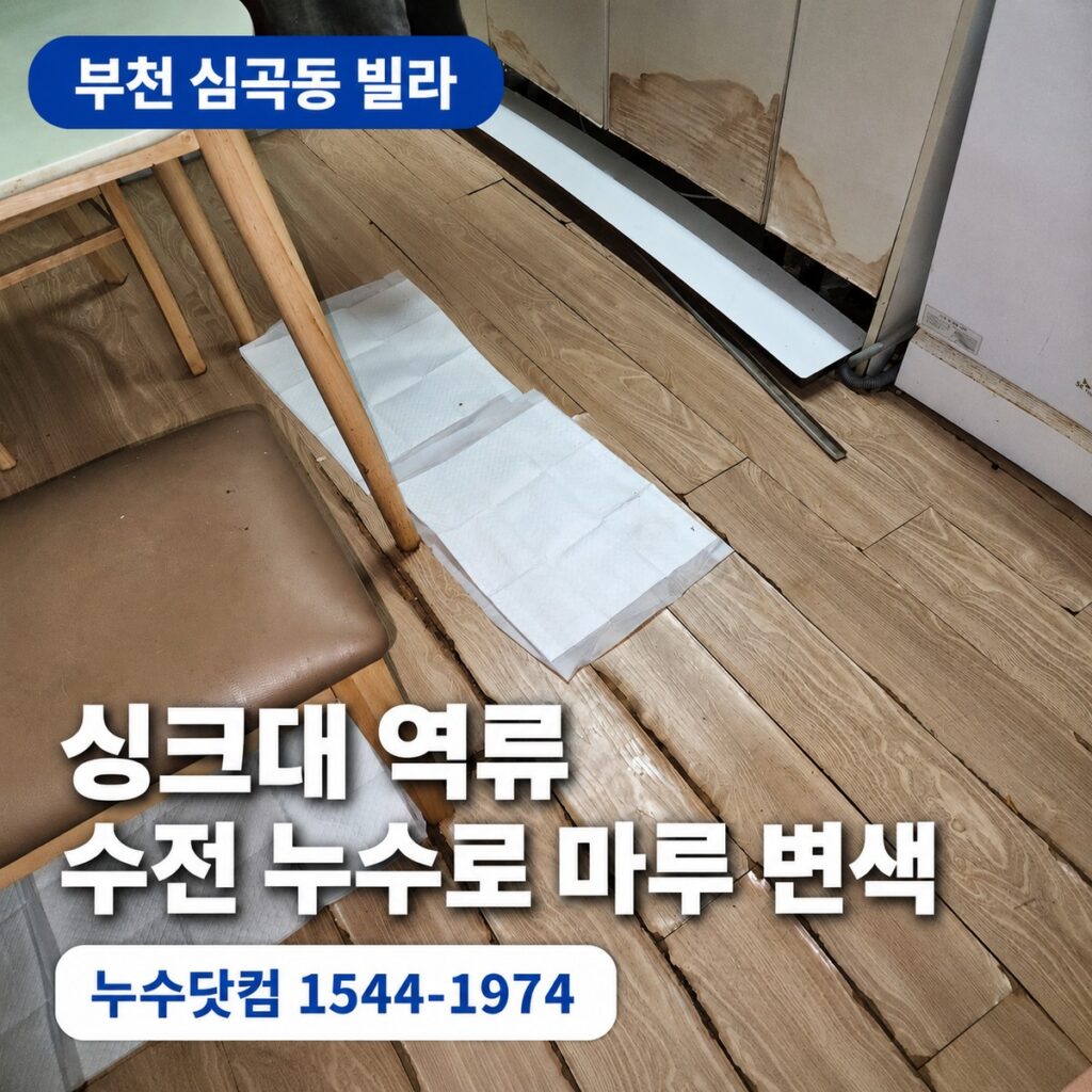 부천 심곡동 빌라 싱크대 역류와 수전 누수로 마루 바닥 변색됨