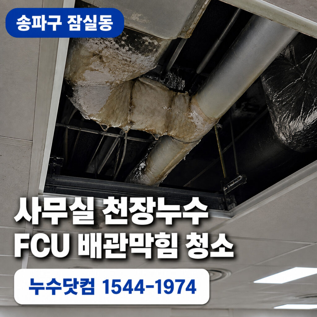 송파구 잠실동 FCU 에어컨누수, 천장 드레인 배관막힘 청소작업