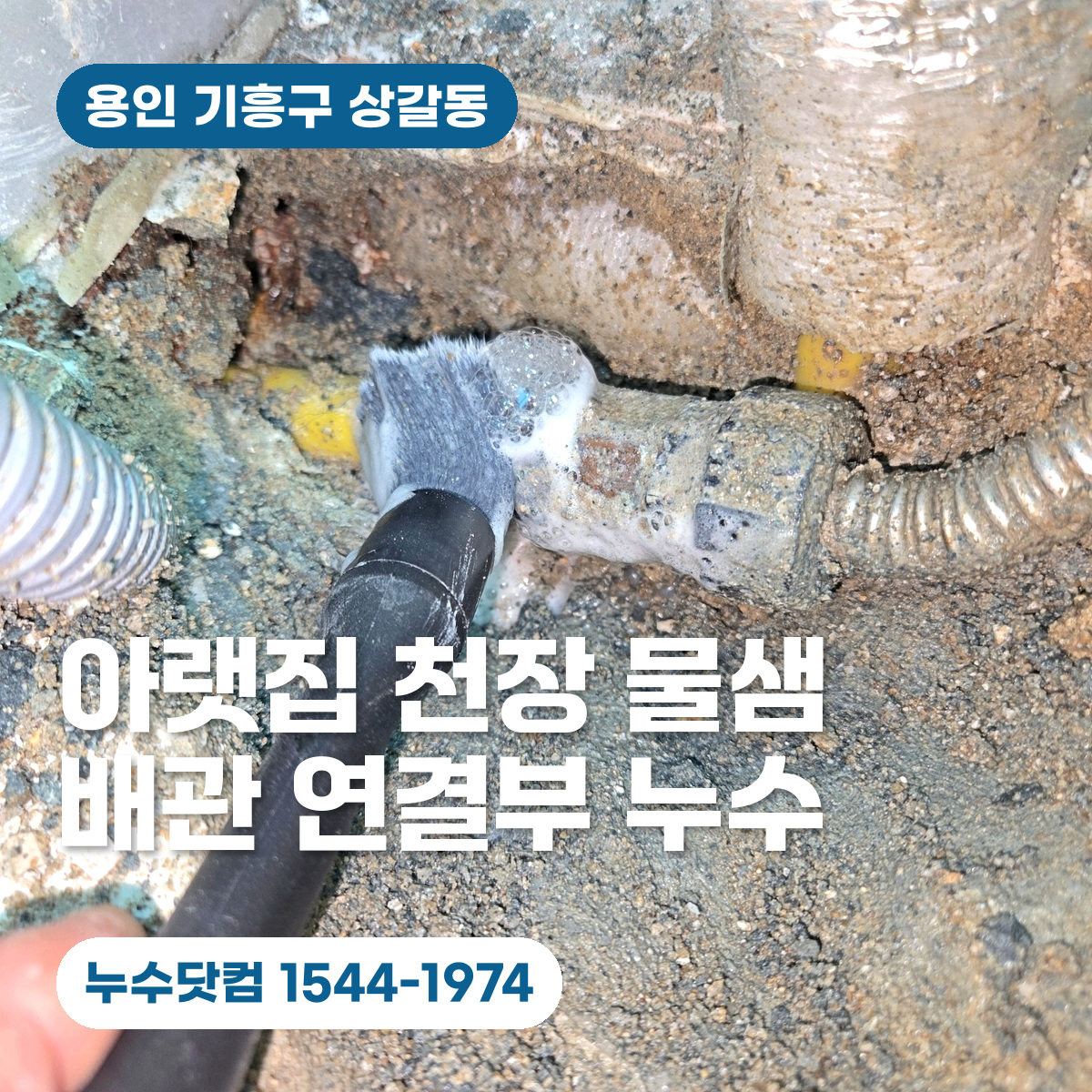 용인 상갈동 상가주택 아랫집 천장 물샘과 배관 연결부 누수를 알리는 현장 대표 이미지